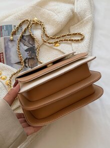 防水、輕盈、商務休閒迷你拼色絎縫鏈條翻蓋方形包適合青少年女孩女大學生、菜鳥和白領，非常適合辦公室、大學、工作、商務、通勤 - 米色 - 查看 4