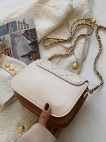 防水、輕盈、商務休閒迷你拼色絎縫鏈條翻蓋方形包適合青少年女孩女大學生、菜鳥和白領，非常適合辦公室、大學、工作、商務、通勤 - 米色 - 查看 5