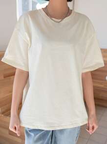 DAZY Peach And Letter Graphic Drop Shoulder Tee - Beige - View 8