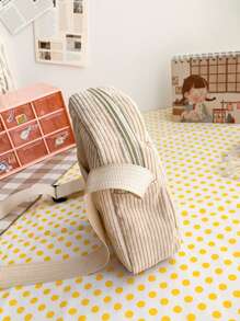 小時尚熊貼布燈芯絨素色信使單肩包,女孩簡約風條紋圖案斜肩包多用途方形錢包,復古小手機包零錢包輕便迷你收納袋流行百搭背包手提包適用於戶外遊玩 - 卡其色 - 查看 3