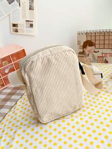 小時尚熊貼布燈芯絨素色信使單肩包,女孩簡約風條紋圖案斜肩包多用途方形錢包,復古小手機包零錢包輕便迷你收納袋流行百搭背包手提包適用於戶外遊玩 - 卡其色 - 查看 4