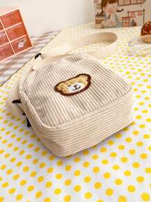 小時尚熊貼布燈芯絨素色信使單肩包,女孩簡約風條紋圖案斜肩包多用途方形錢包,復古小手機包零錢包輕便迷你收納袋流行百搭背包手提包適用於戶外遊玩 - 卡其色 - 查看 5