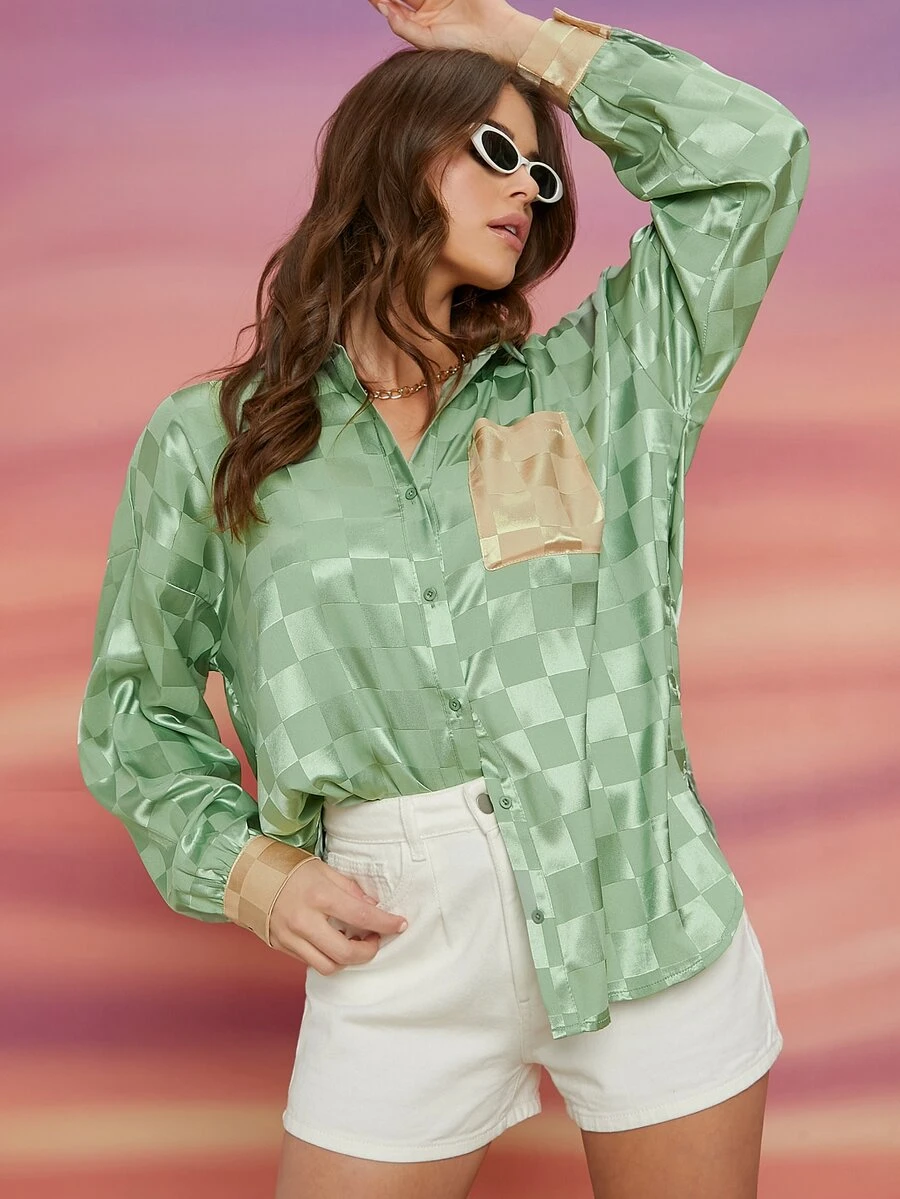 SHEIN BAE 格紋提花緞面口袋貼布襯衫 - 綠色 - 查看 1