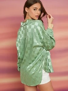 SHEIN BAE 格紋提花緞面口袋貼布襯衫 - 綠色 - 查看 2
