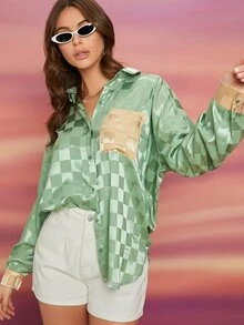 SHEIN BAE 格紋提花緞面口袋貼布襯衫 - 綠色 - 查看 3