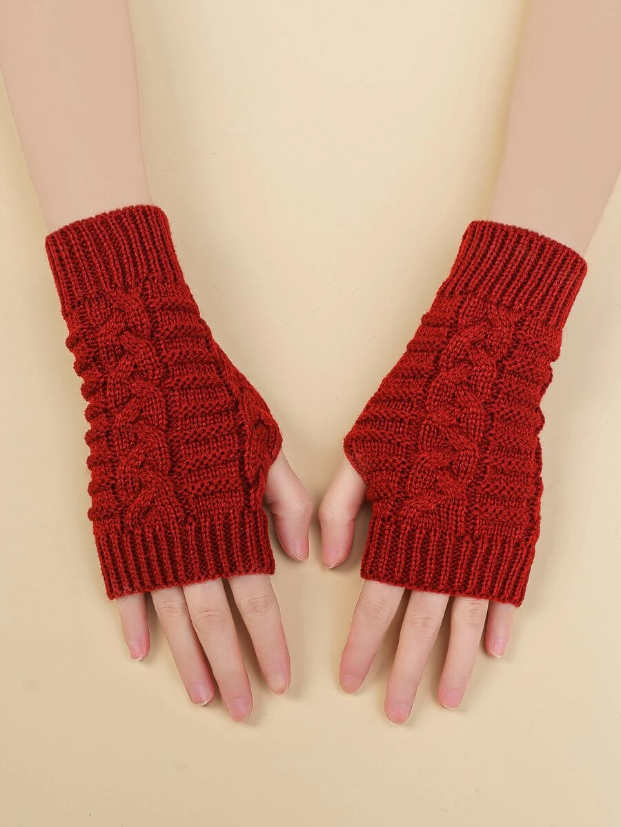 EMERY ROSE 1雙素色針織露指手套 - 紅色 - 查看 1