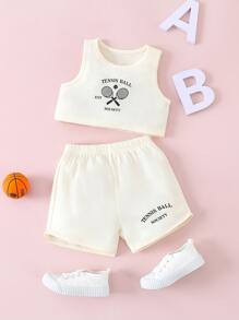 Baby Tennis Ball Print Tank Top With Shorts - Beige - View 1