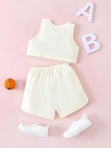 Baby Tennis Ball Print Tank Top With Shorts - Beige - View 2