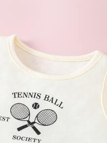 Baby Tennis Ball Print Tank Top With Shorts - Beige - View 3