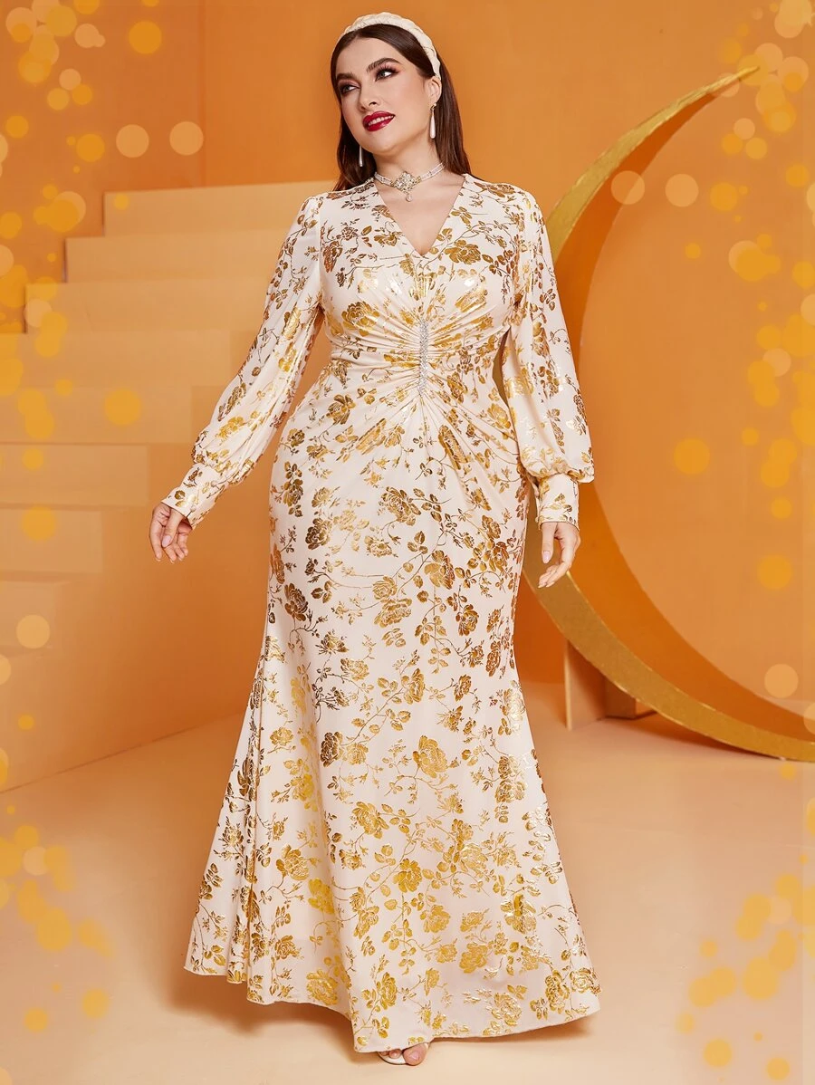 Modelyn Đầm Plus Size Xù xoắn lại Hoa Tất cả trên in Hấp dẫn - Màu be - Xem 1