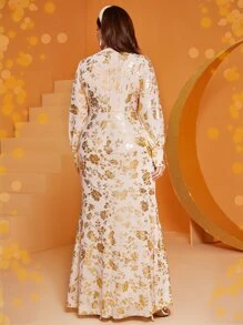 Modelyn Đầm Plus Size Xù xoắn lại Hoa Tất cả trên in Hấp dẫn - Màu be - Xem 2
