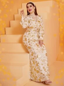 Modelyn Đầm Plus Size Xù xoắn lại Hoa Tất cả trên in Hấp dẫn - Màu be - Xem 4