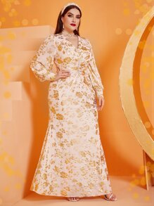 Modelyn Đầm Plus Size Xù xoắn lại Hoa Tất cả trên in Hấp dẫn - Màu be - Xem 6