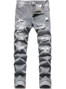 男士破洞斜口袋牛仔褲 - 淺灰色 - 查看 1