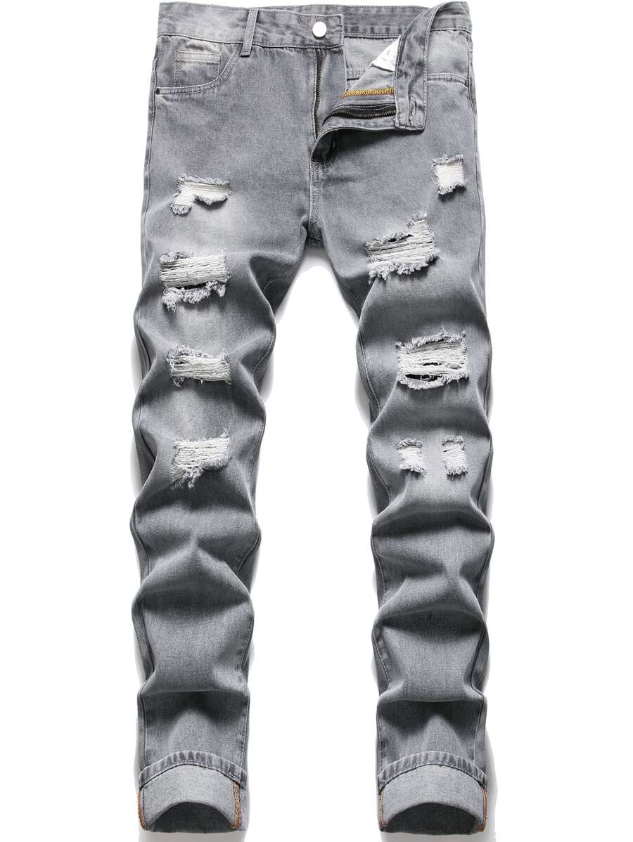 男士破洞斜口袋牛仔褲 - 淺灰色 - 查看 1