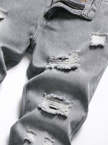 男士破洞斜口袋牛仔褲 - 淺灰色 - 查看 3