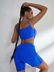 SHEIN SXY Bộ đồ hai mảnh nữ Bất đối xứng màu trơn Giải trí - Xanh đậm - Xem 2