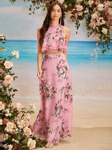 SHEIN Belle Layered Hem Floral Print Chiffon Halter Top & Skirt - Baby Pink - View 1