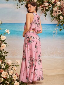 SHEIN Belle Layered Hem Floral Print Chiffon Halter Top & Skirt - Baby Pink - View 2