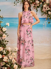SHEIN Belle Layered Hem Floral Print Chiffon Halter Top & Skirt - Baby Pink - View 4