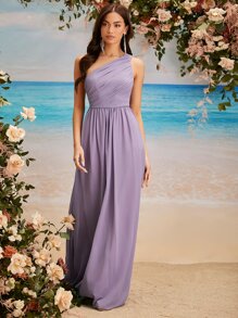 SHEIN Belle One Shoulder Ruched Bridesmaid Dress - Lilac Purple - View 4