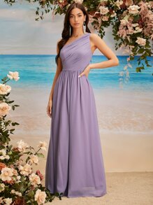 SHEIN Belle One Shoulder Ruched Bridesmaid Dress - Lilac Purple - View 5