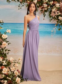 SHEIN Belle One Shoulder Ruched Bridesmaid Dress - Lilac Purple - View 6