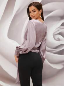 Modelyn Knot Front Wrap Satin Top - Dusty Purple - View 2