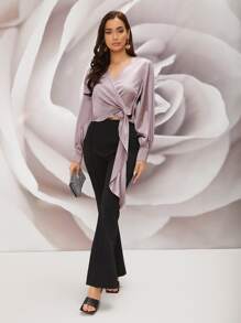 Modelyn Knot Front Wrap Satin Top - Dusty Purple - View 3