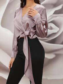 Modelyn Knot Front Wrap Satin Top - Dusty Purple - View 4