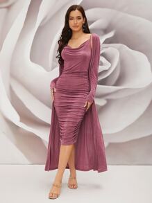 Modelyn Ruched Draped Collar Cami Dress With Longline Coat - Mauve Purple - View 4