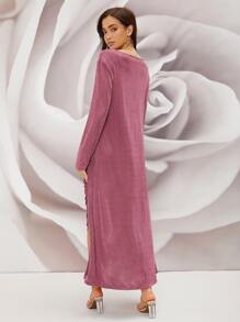 Modelyn Ruched Draped Collar Cami Dress With Longline Coat - Mauve Purple - View 2