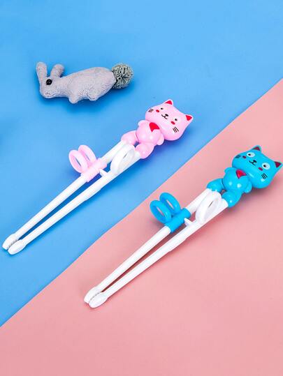 1双卡通儿童学习训练筷，随机颜色猫咪练习筷