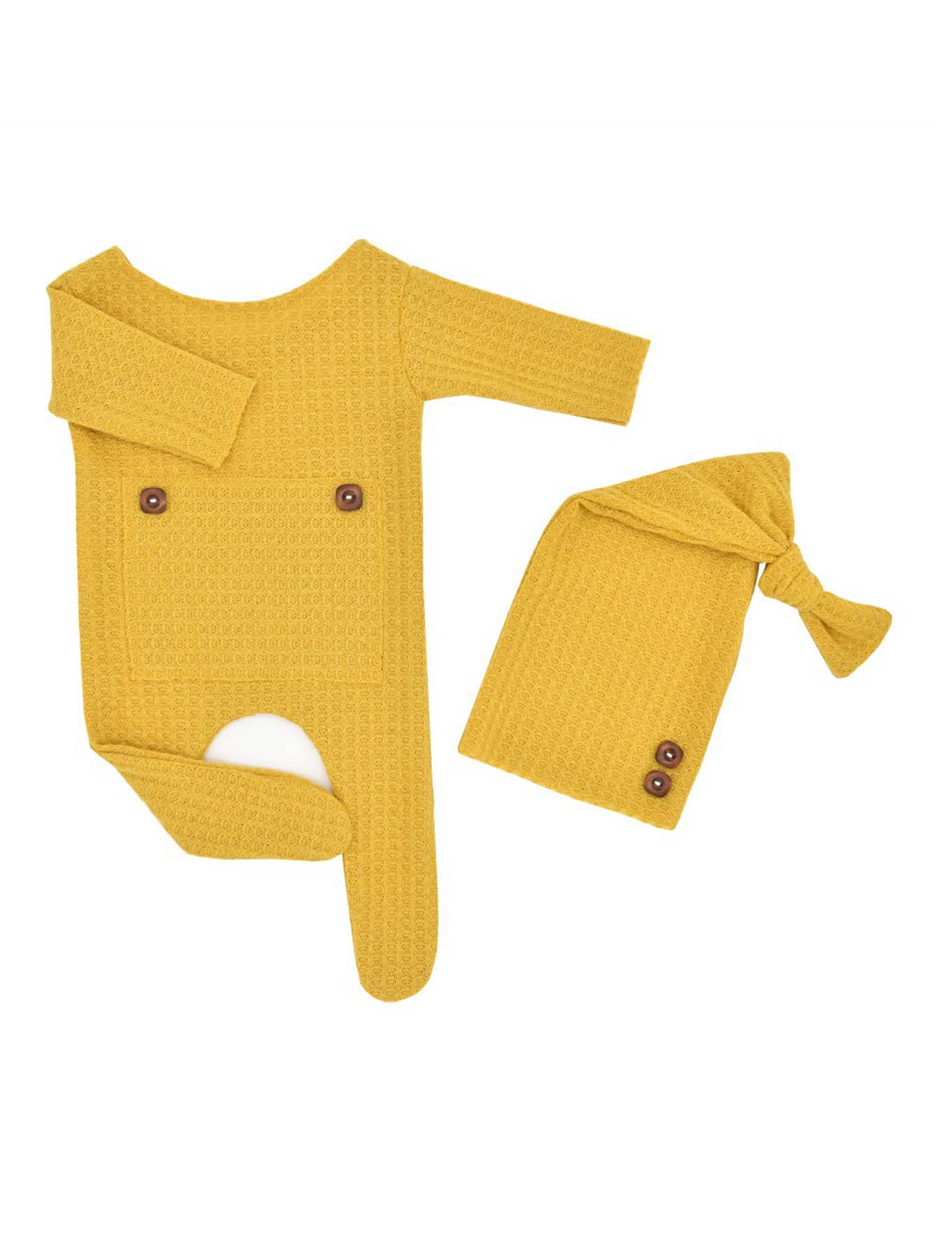 Recién nacido tejido waffle Mono & Sombrero Accesorio para fotografía - Mostaza Amarilla - Ver 3