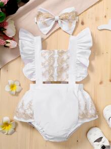 Babymeisje Geborduurd Ruches Overall body Met haarband