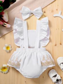 Babymeisje Geborduurd Ruches Overall body Met haarband