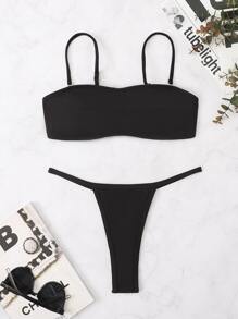 SHEIN Swim Summer Beach Solid Thong Bikini - Black - View 5