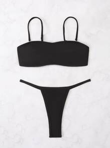 SHEIN Swim Summer Beach Solid Thong Bikini - Black - View 4