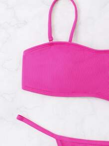 Summer Ribbed Bikini Set Cami Top & Thong 2 Pieces Bathing Suit - Hot Pink - View 4