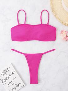 Summer Ribbed Bikini Set Cami Top & Thong 2 Pieces Bathing Suit - Hot Pink - View 7