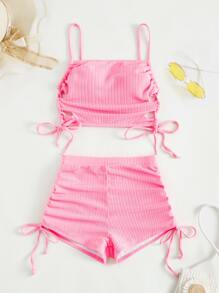 Plain Lace Up Side Bikini Set Summer Beach - Pink - View 4