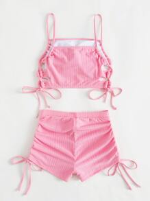 Plain Lace Up Side Bikini Set Summer Beach - Pink - View 2