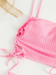 Plain Lace Up Side Bikini Set Summer Beach - Pink - View 3