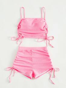 Plain Lace Up Side Bikini Set Summer Beach - Pink - View 5