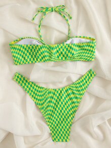 Conjunto de bikini de verano de cuadros con cuello halter y corte alto para playa - Verde - Ver 2
