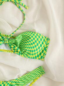 Conjunto de bikini de verano de cuadros con cuello halter y corte alto para playa - Verde - Ver 3