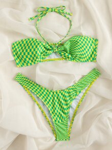 Conjunto de bikini de verano de cuadros con cuello halter y corte alto para playa - Verde - Ver 5