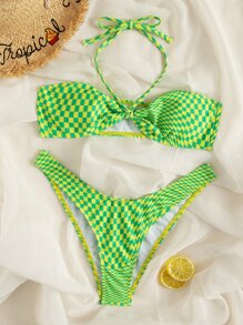 Conjunto de bikini de verano de cuadros con cuello halter y corte alto para playa - Verde - Ver 6
