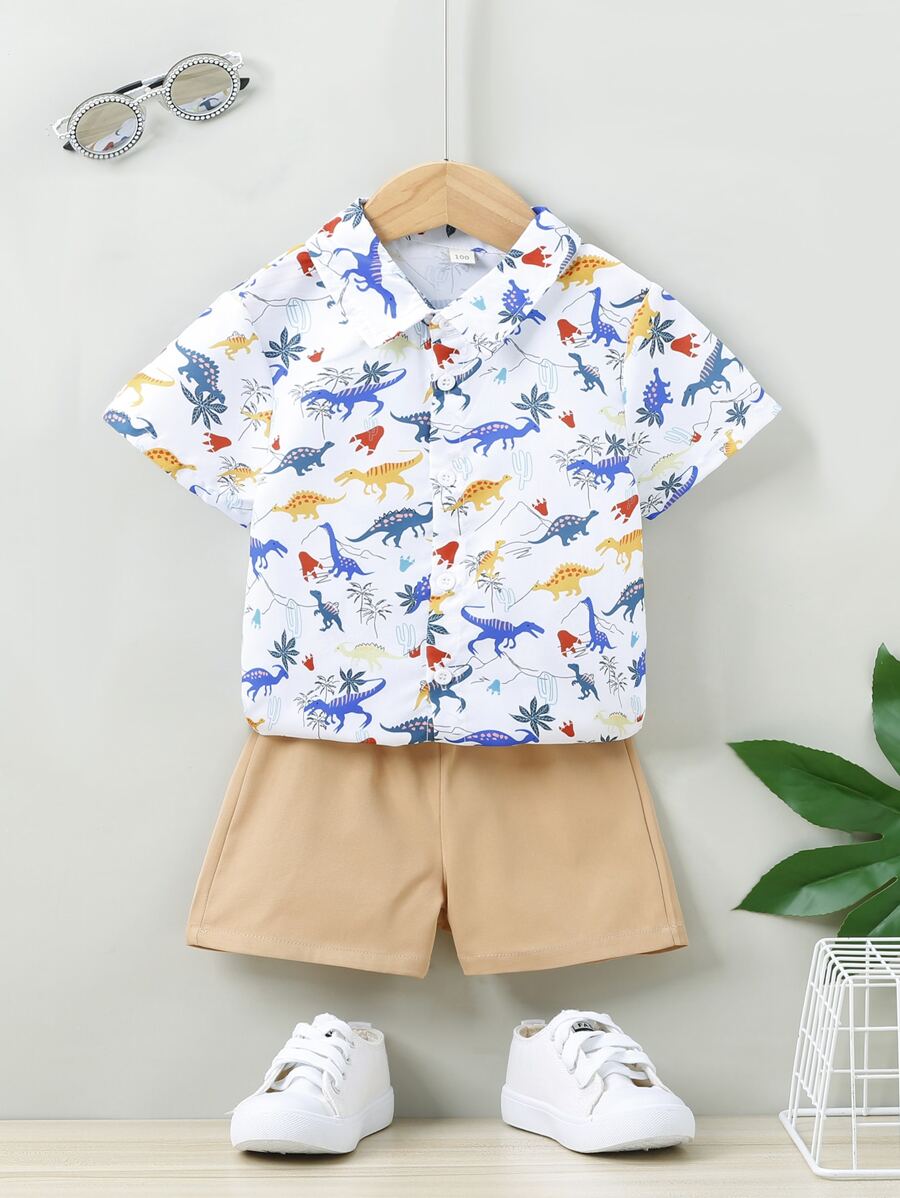 SHEIN 小男童恐龍印花襯衫和短褲 - 彩色 - 查看 1