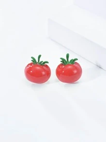 1對喜慶風格紅色櫻桃番茄水果裝飾可愛耳釘 - 紅色 - 查看 1